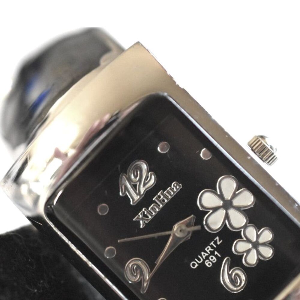 XinHua Petite Yellow Flowers BlackEnamel Silver Tone 5" CuffNew Battery Watch